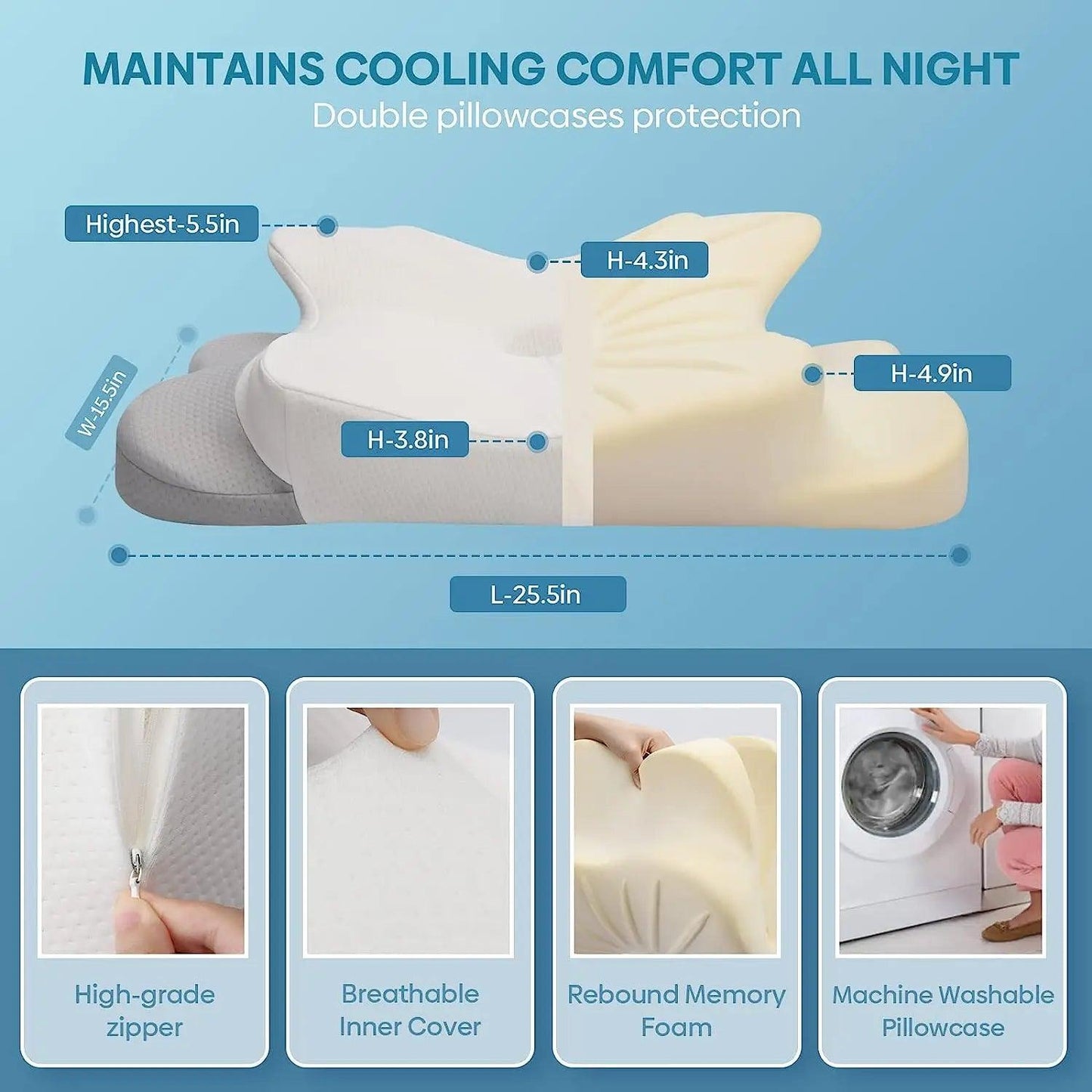 Zorelie orthopedic pillow for neck pain relief with cooling memory foam and machine washable pillowcase