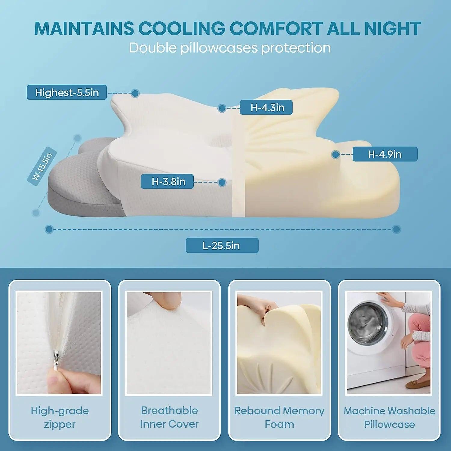 Zorelie orthopedic pillow for neck pain relief with cooling memory foam and machine washable pillowcase