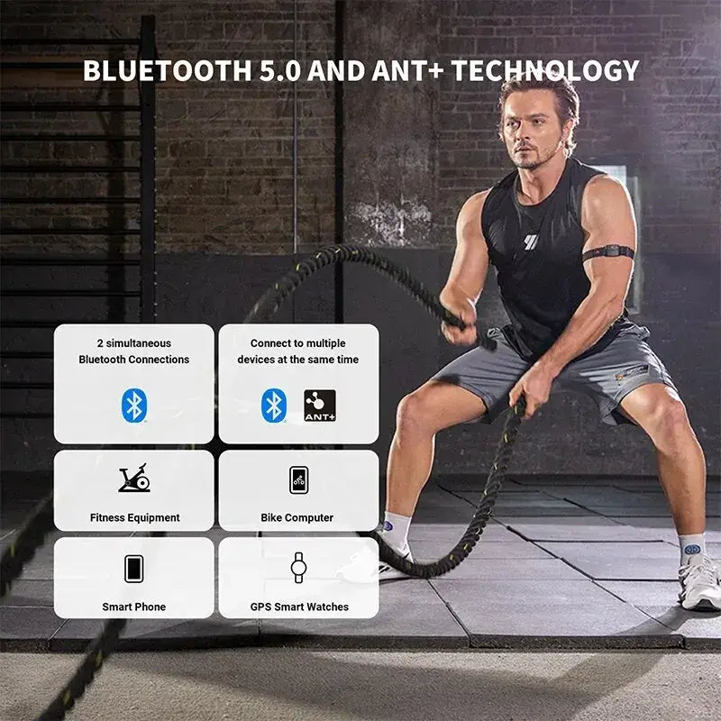 Man exercising with armband heart rate monitor BLE5.0 using Bluetooth 5.0 and ANT+ technology for fitness tracking