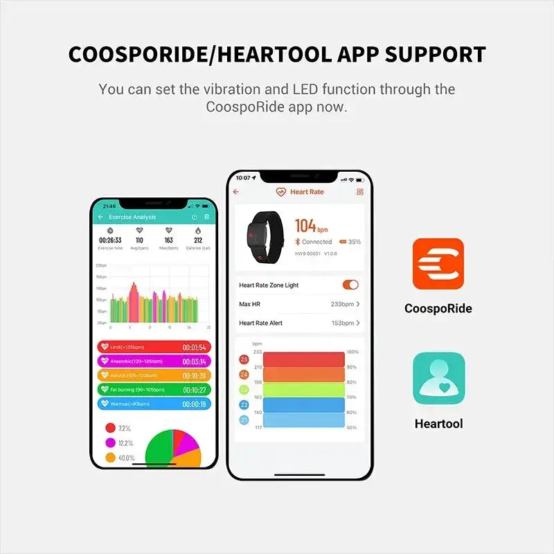 Armband heart rate monitor BLE5.0 app support with heart rate and exercise analysis on mobile screens