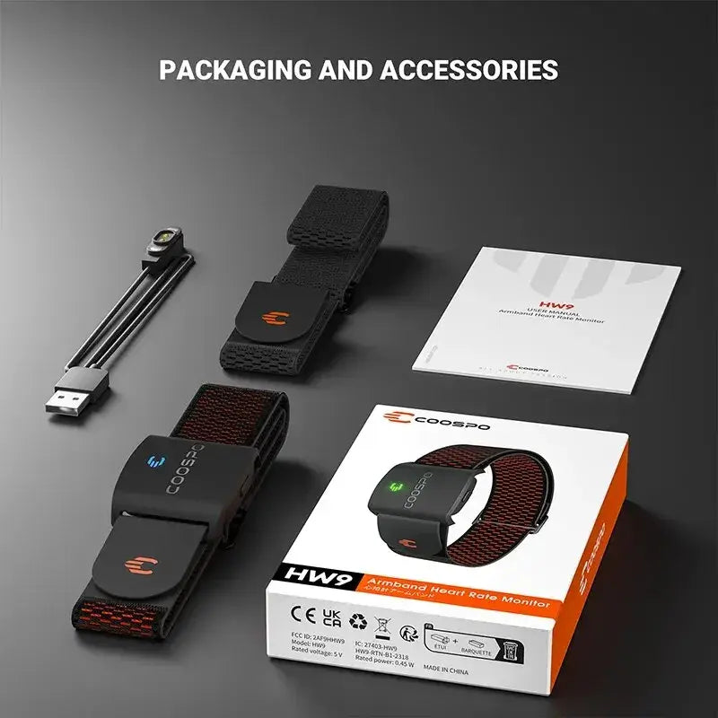 Zorelie.co armband heart rate monitor BLE5.0 with charging cable, adjustable strap, user manual, and packaging box