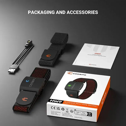 Zorelie.co armband heart rate monitor BLE5.0 with charging cable, adjustable strap, user manual, and packaging box