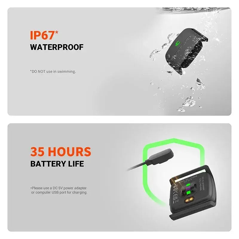 Zorelie.co armband heart rate monitor BLE5.0 showing waterproof feature and 35 hours battery life