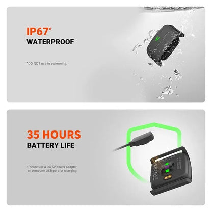 Zorelie.co armband heart rate monitor BLE5.0 showing waterproof feature and 35 hours battery life