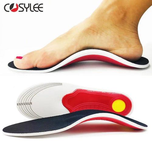 Orthotic insoles for flat feet with red and black arch support cushioning by Zorelie.co