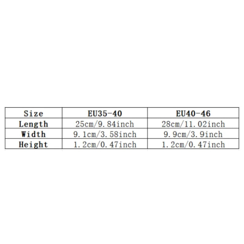 Size chart showing dimensions for orthotic insoles for flat feet in EU sizes 35 to 46