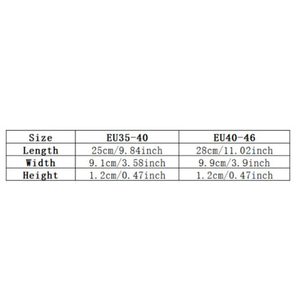 Size chart showing dimensions for orthotic insoles for flat feet in EU sizes 35 to 46