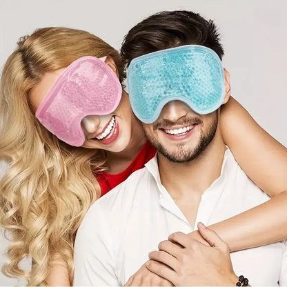 Smiling couple wearing pink and blue gel eye mask for hot and cold therapy for eye comfort and relaxation