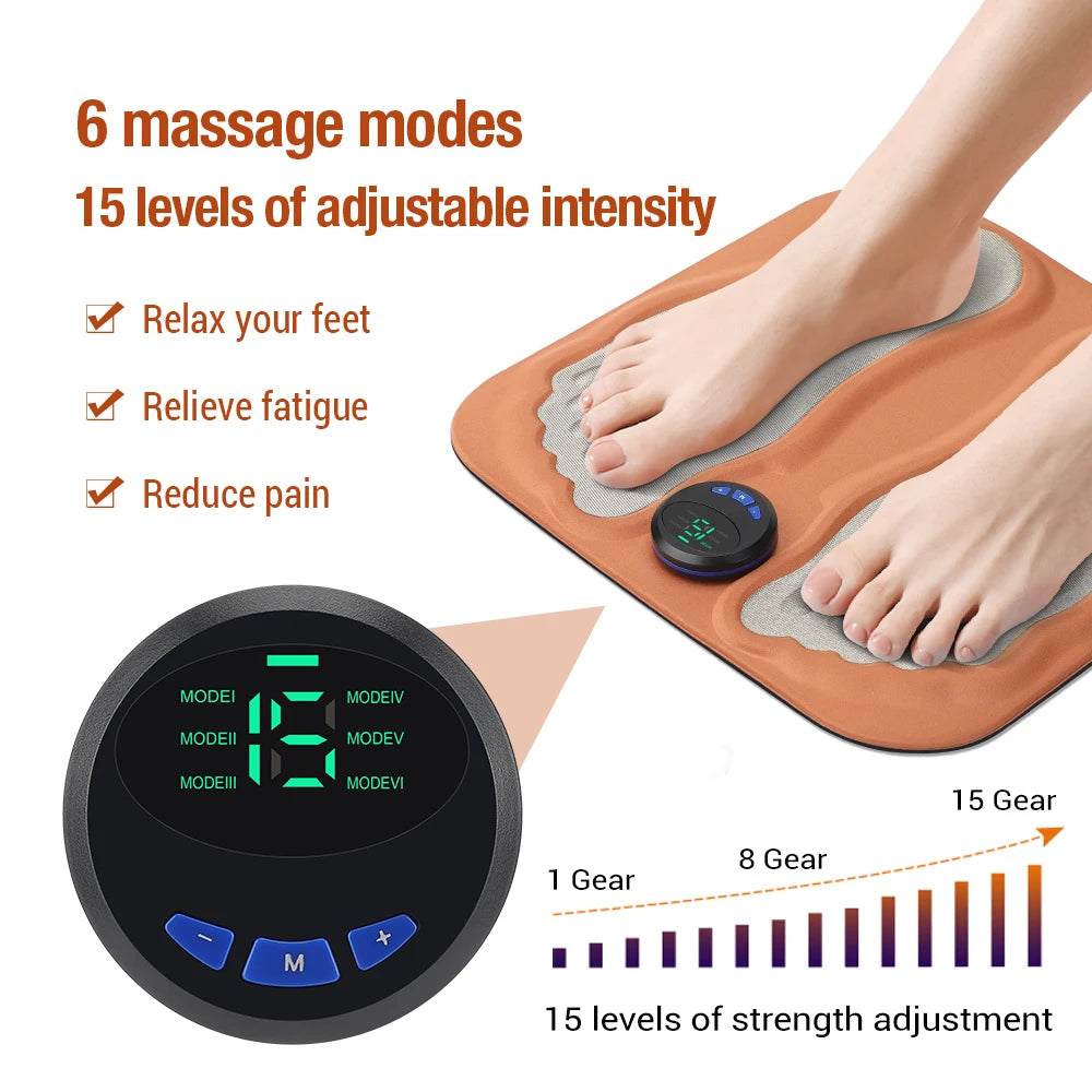 EMS foot massager pad for circulation with 6 modes and 15 adjustable intensity levels relaxing feet and reducing pain