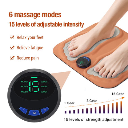 EMS foot massager pad for circulation with 6 modes and 15 adjustable intensity levels relaxing feet and reducing pain