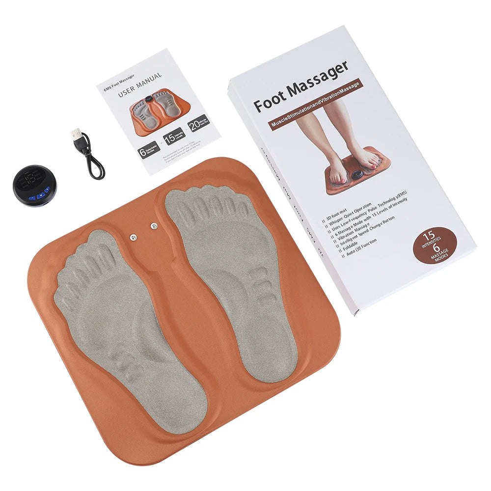 EMS foot massager pad for circulation with remote control USB cable user manual and packaging box