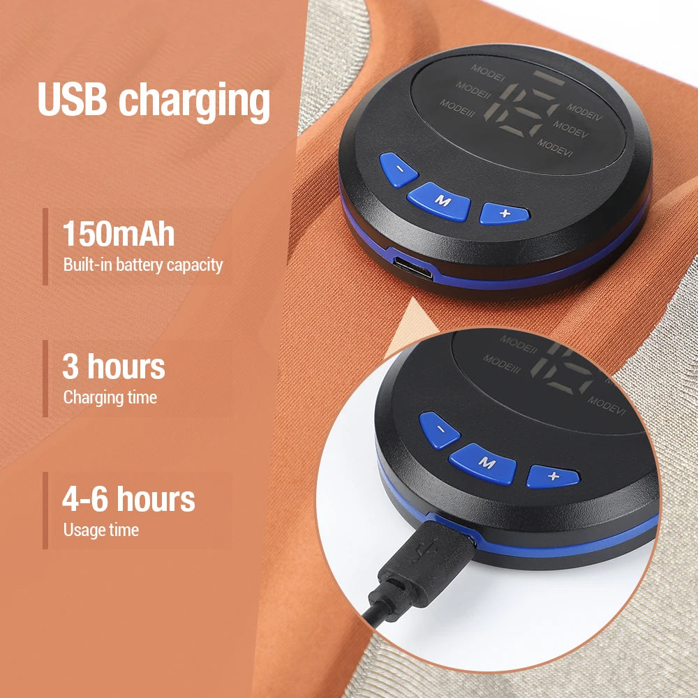 EMS foot massager pad for circulation showing USB charging with 150mAh battery and 4 to 6 hours usage time