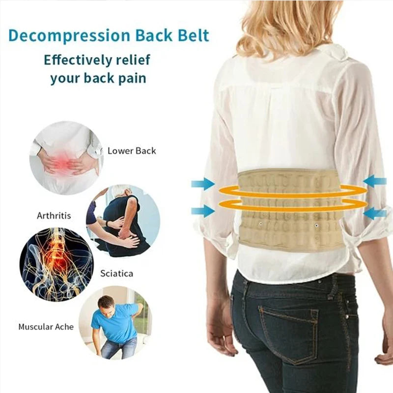 Woman wearing inflatable lumbar traction belt for back pain relief including lower back arthritis and sciatica
