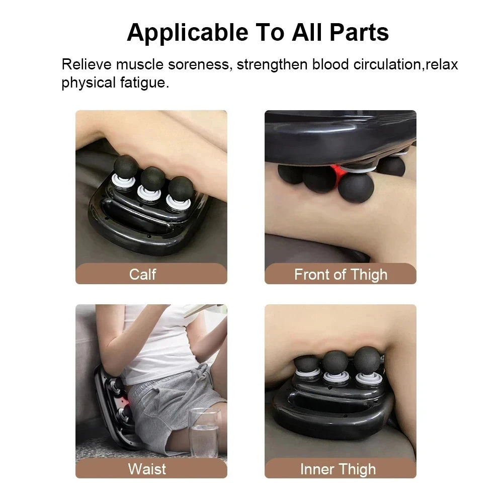 Deep tissue massage gun for pain relief used on calf, front thigh, waist, and inner thigh muscles