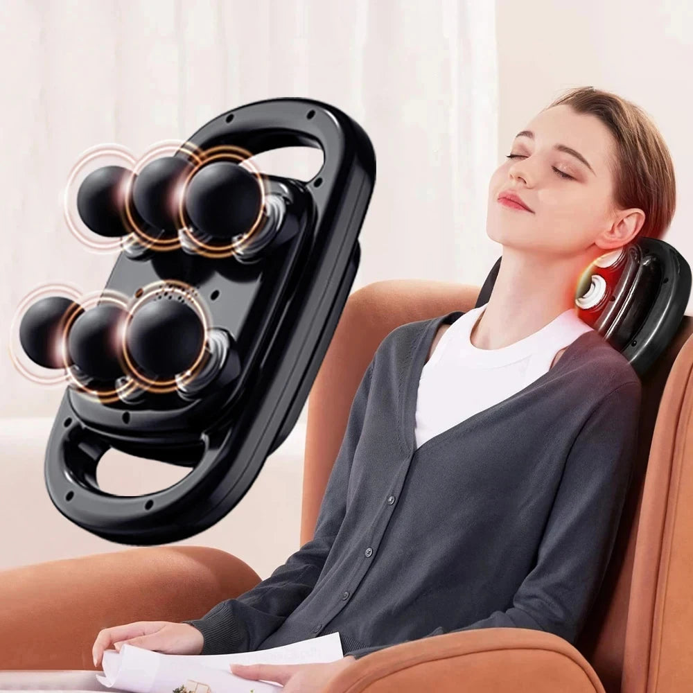 Black deep tissue massage gun for pain relief with rotating massage heads used on a woman’s neck and shoulders