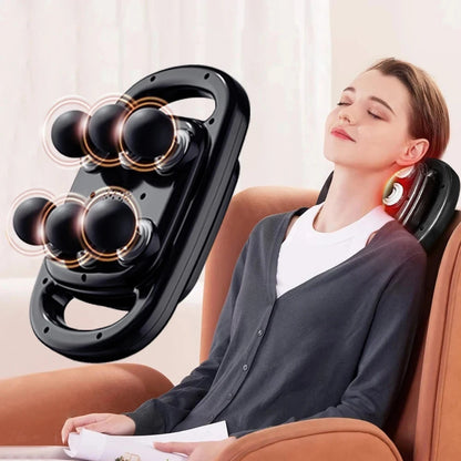 Black deep tissue massage gun for pain relief with rotating massage heads used on a woman’s neck and shoulders