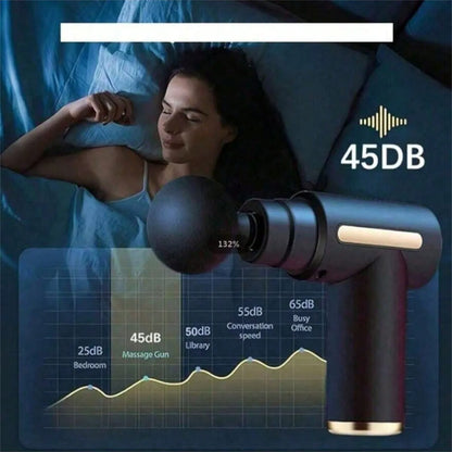 Deep tissue massage gun for pain relief showing quiet 45DB noise level compared to bedroom and office sounds
