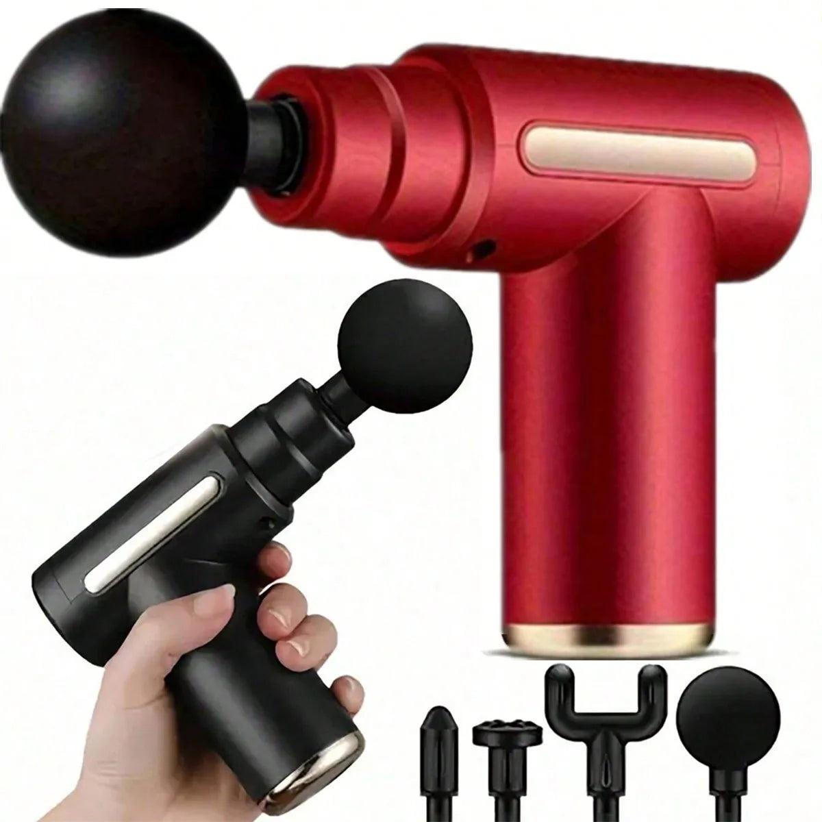 Zorelie.co deep tissue massage gun for pain relief in red and black with multiple attachment heads