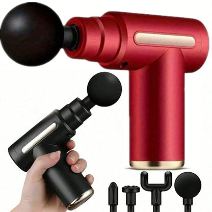 Zorelie.co deep tissue massage gun for pain relief in red and black with multiple attachment heads