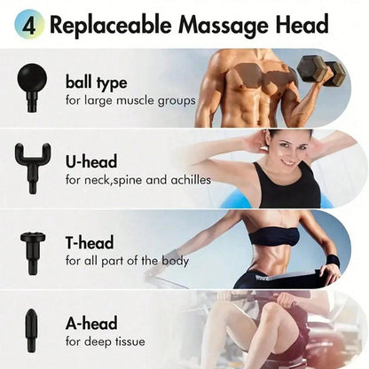 Replaceable massage heads including ball, U-head, T-head, and A-head for deep tissue massage gun for pain relief
