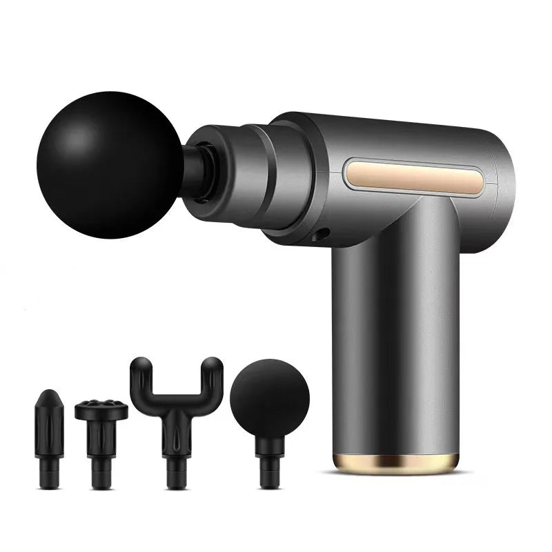 Zorelie deep tissue massage gun for pain relief with five interchangeable heads in gray and gold