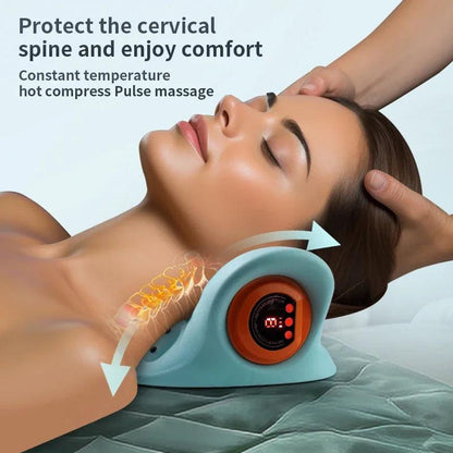 Woman using deep tissue neck massager with heat for cervical spine comfort and pulse massage