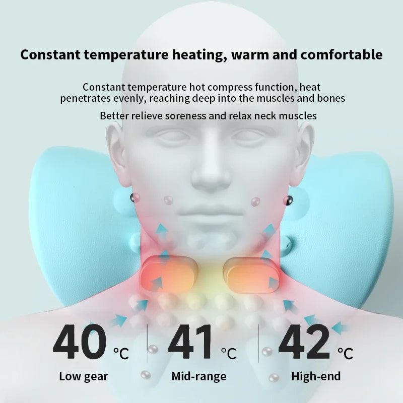 Deep tissue neck massager with heat showing constant temperature heating at low mid and high settings