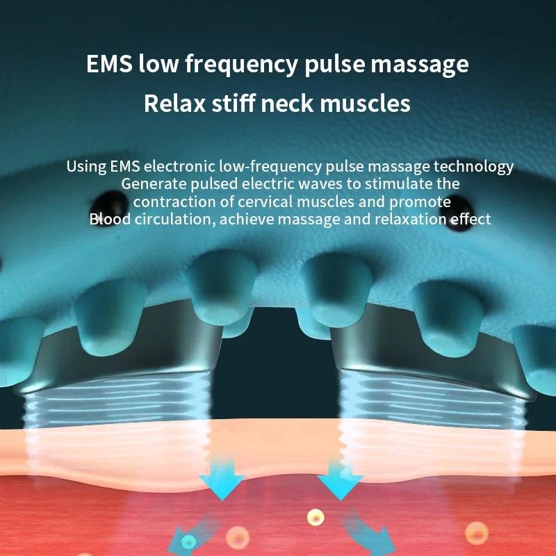 Close-up illustration of deep tissue neck massager with heat using EMS low frequency pulse massage technology
