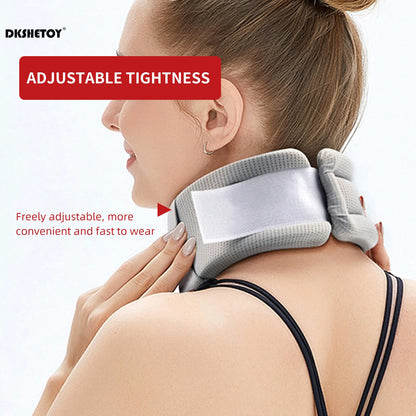Woman wearing adjustable soft foam neck brace for pain relief with fast and convenient fastening