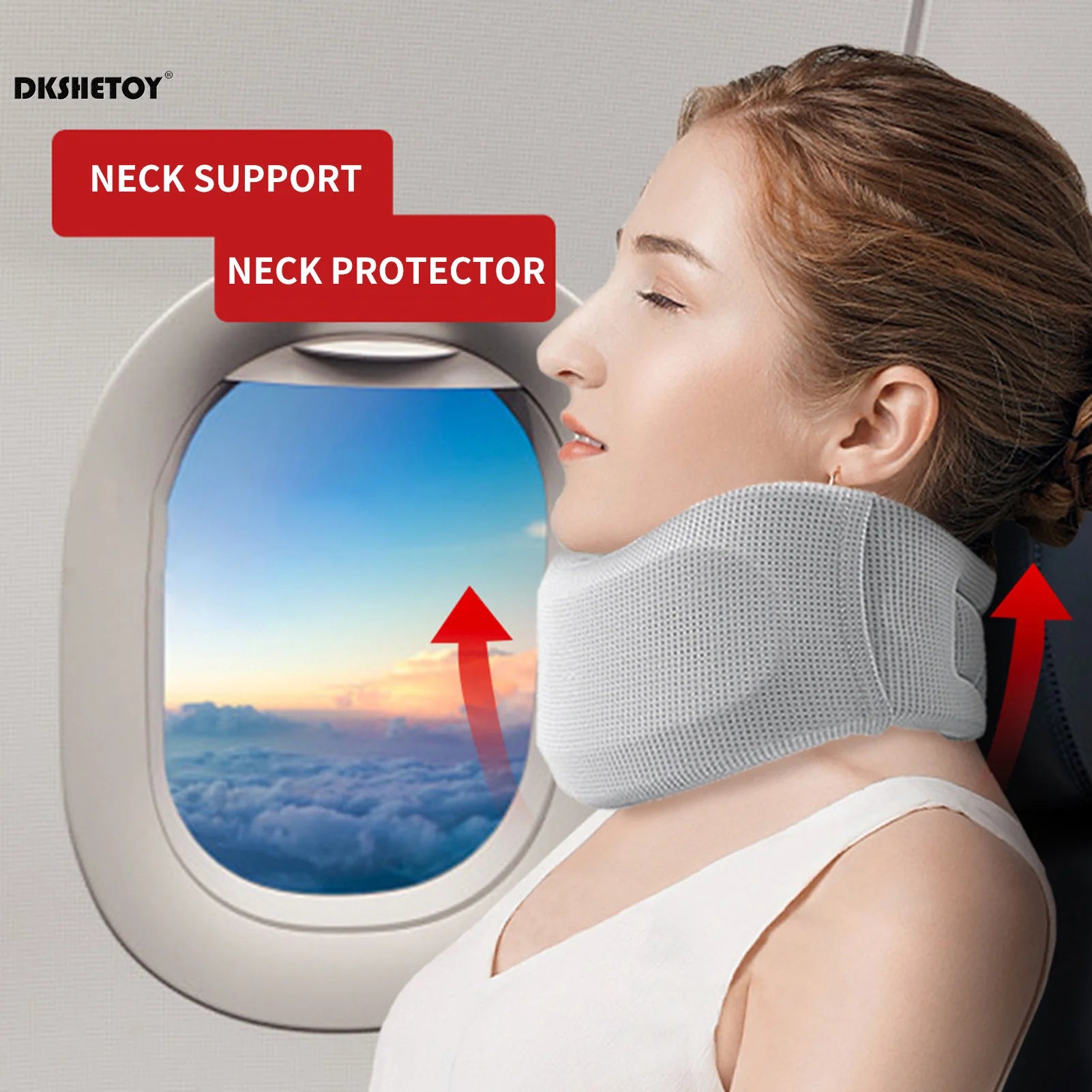 Soft foam neck brace for pain relief worn by woman sitting on airplane with neck support and protector
