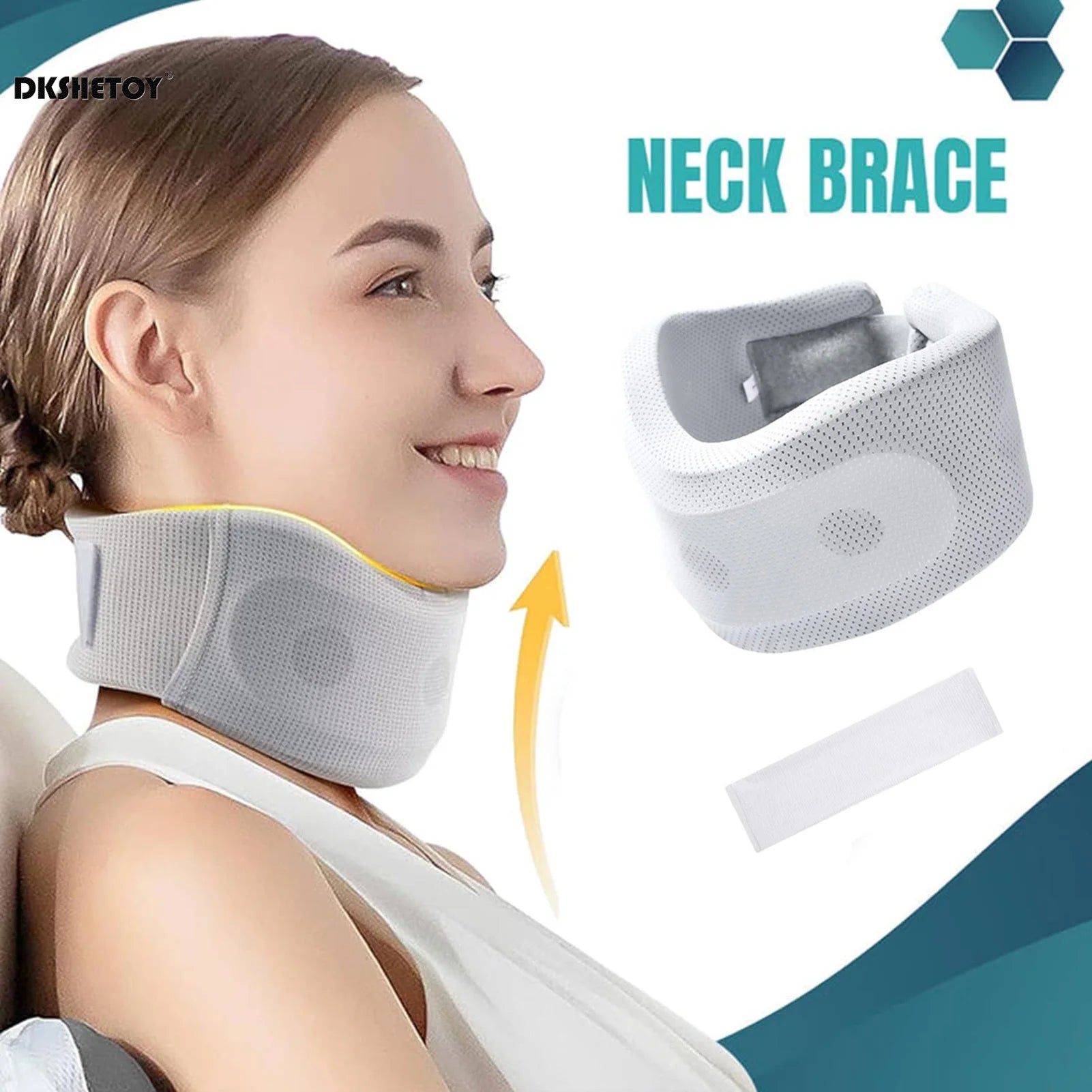 Soft foam neck brace for pain relief worn by smiling woman providing neck support