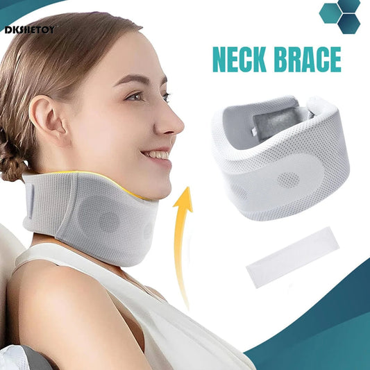 Soft foam neck brace for pain relief worn by smiling woman providing neck support