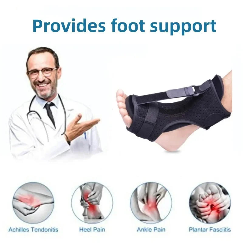 Plantar fasciitis night splint on foot providing support to relieve heel pain and plantar fasciitis