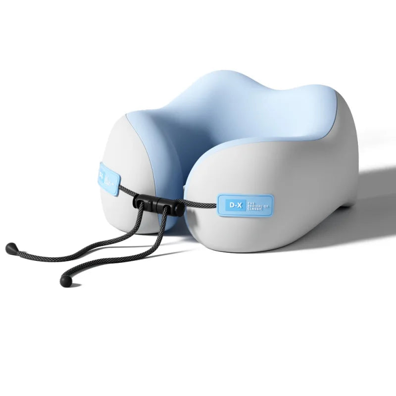 Zorelie.co memory foam neck support pillow in white and blue with adjustable strap for comfortable travel