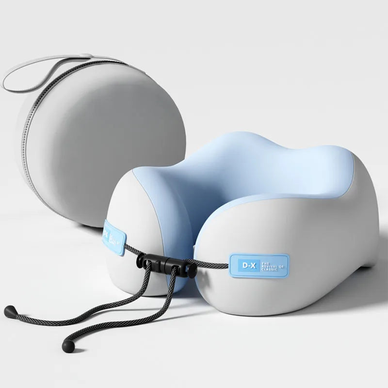 Memory foam neck support pillow in blue and gray with adjustable strap and carrying case