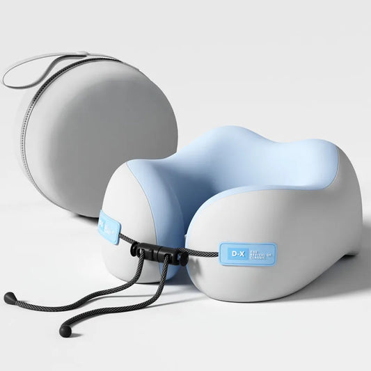 Memory foam neck support pillow in blue and gray with adjustable strap and carrying case