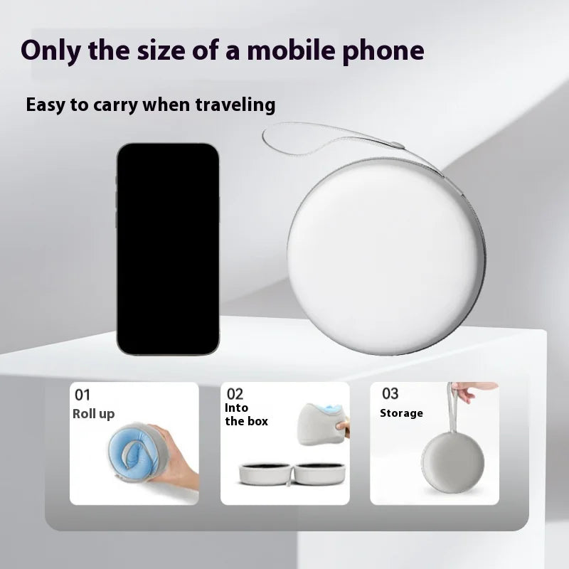 Compact memory foam neck support pillow rolled and stored in a small travel case the size of a mobile phone