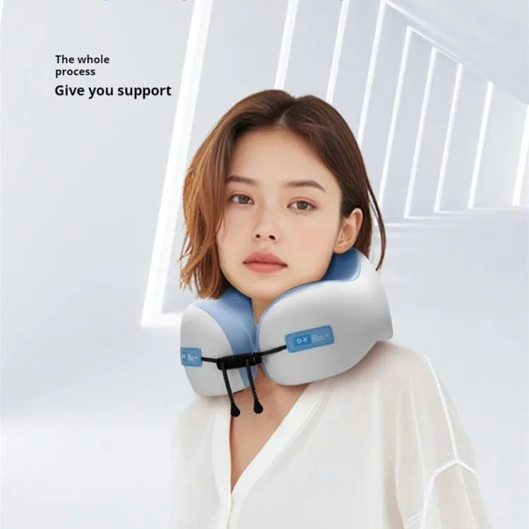 Woman wearing Zorelie.co memory foam neck support pillow in white and blue for comfortable neck support