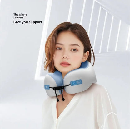 Woman wearing Zorelie.co memory foam neck support pillow in white and blue for comfortable neck support