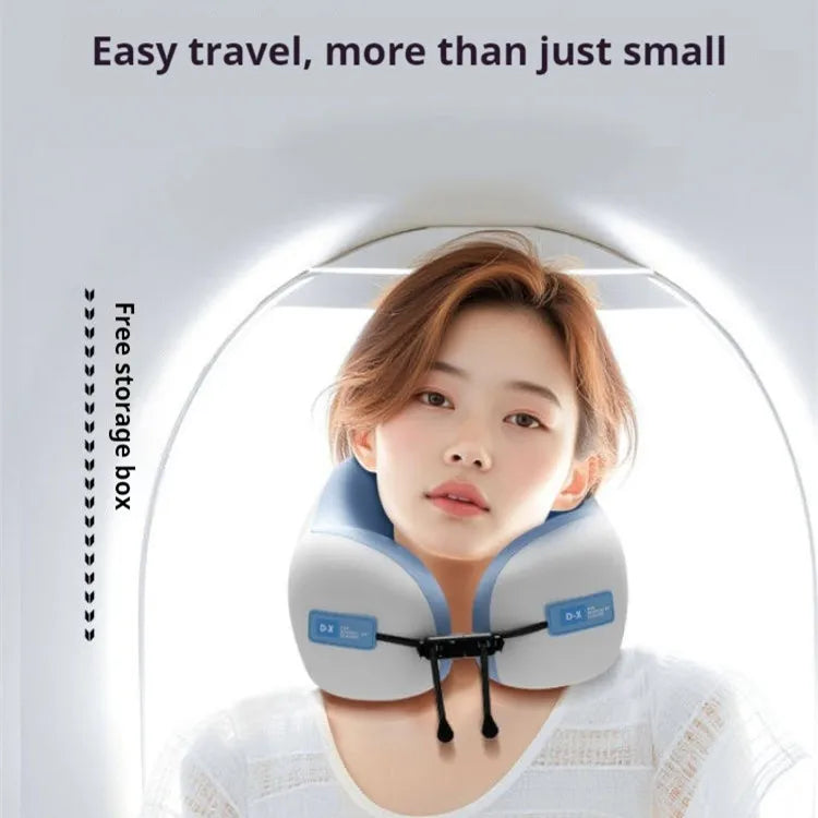 Woman wearing a memory foam neck support pillow on a plane for easy travel comfort