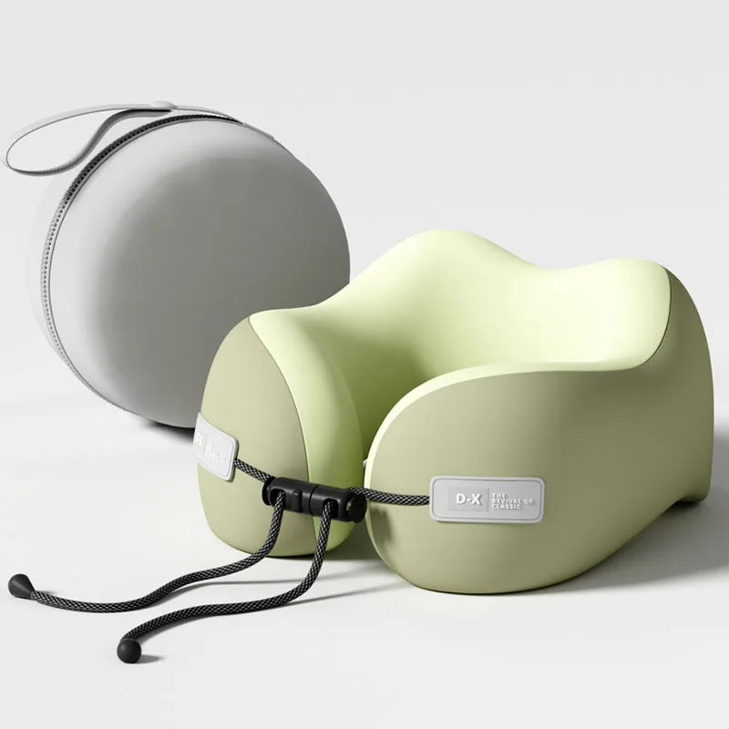 Zorelie.co memory foam neck support pillow in light green with adjustable strap and travel case