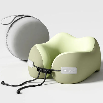 Zorelie.co memory foam neck support pillow in light green with adjustable strap and travel case