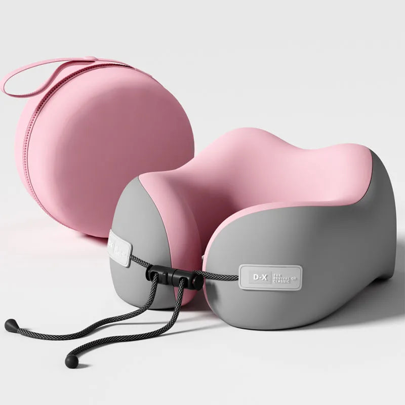 Pink and gray memory foam neck support pillow with adjustable strap and pink carrying case