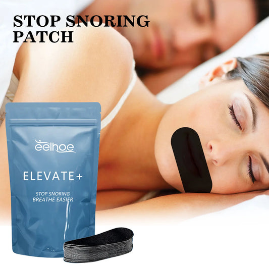Anti-snoring mouth tape black patch on woman sleeping next to man with Elevate+ stop snoring patch packaging