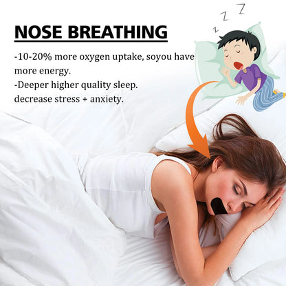 Woman sleeping with black anti-snoring mouth tape promoting nose breathing for better sleep