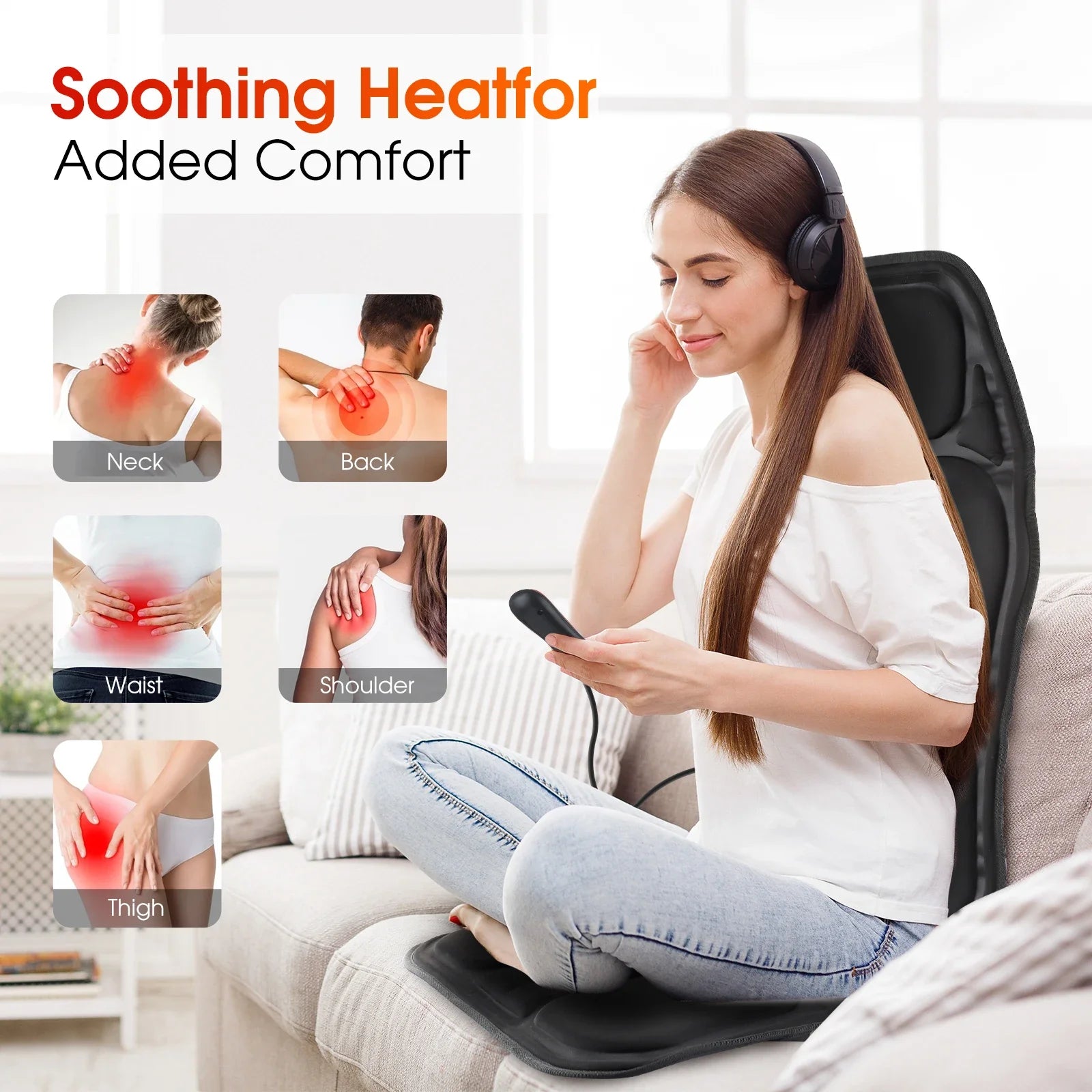 Woman using electric back massager cushion with soothing heat for neck back waist shoulder and thigh pain relief