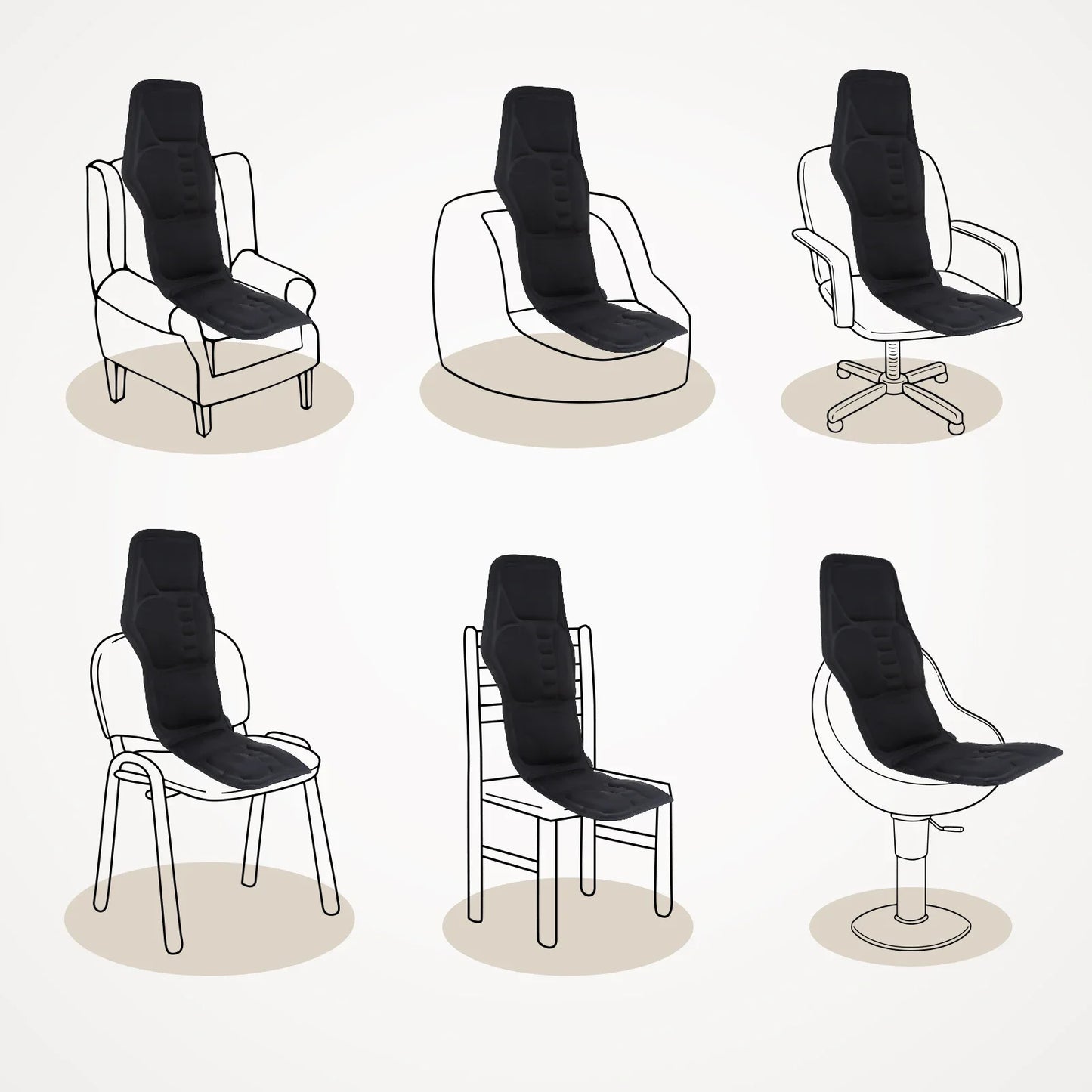 Black electric back massager cushion placed on various chair types for versatile comfort and relaxation