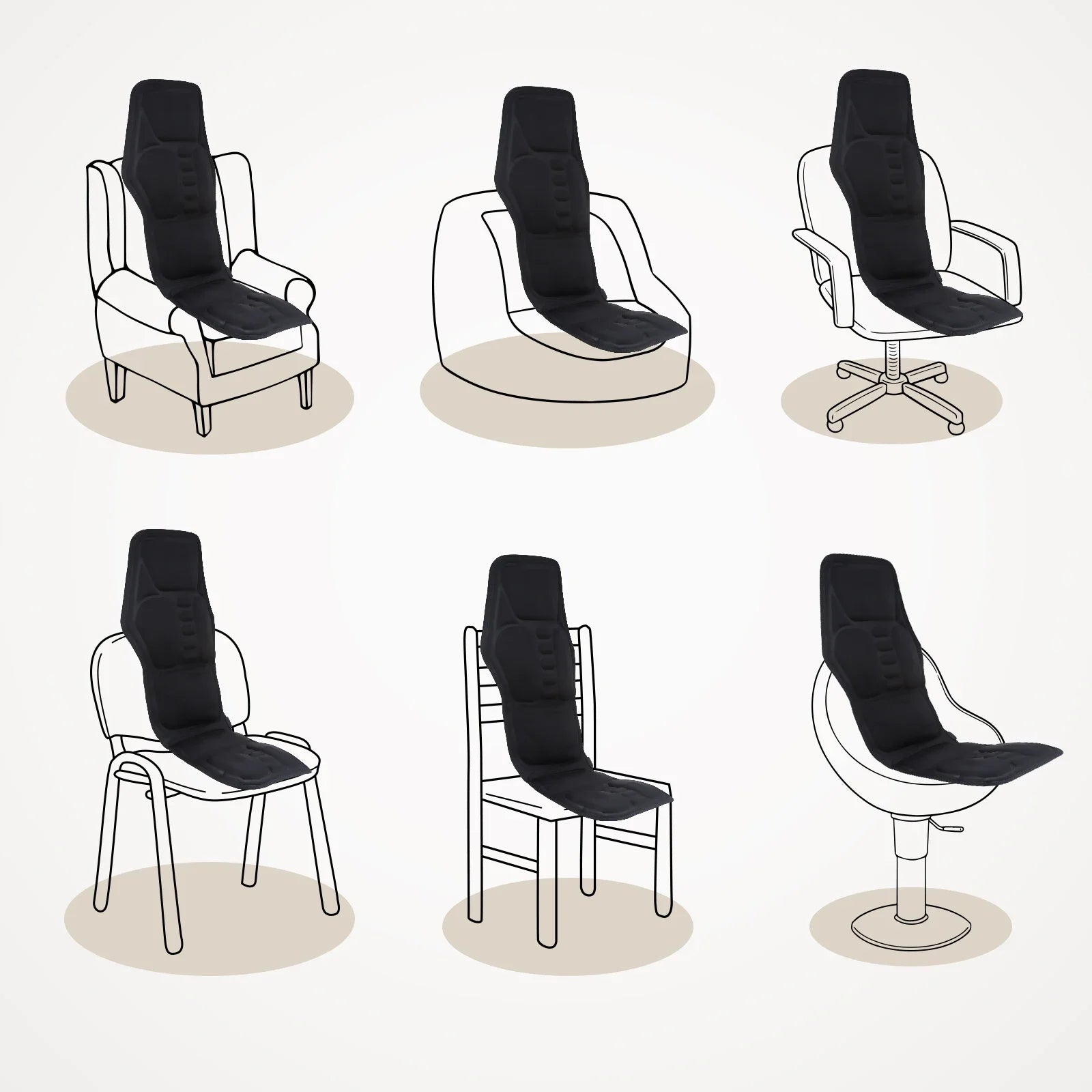 Black electric back massager cushion placed on various chair types for versatile comfort and relaxation