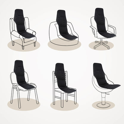 Black electric back massager cushion placed on various chair types for versatile comfort and relaxation