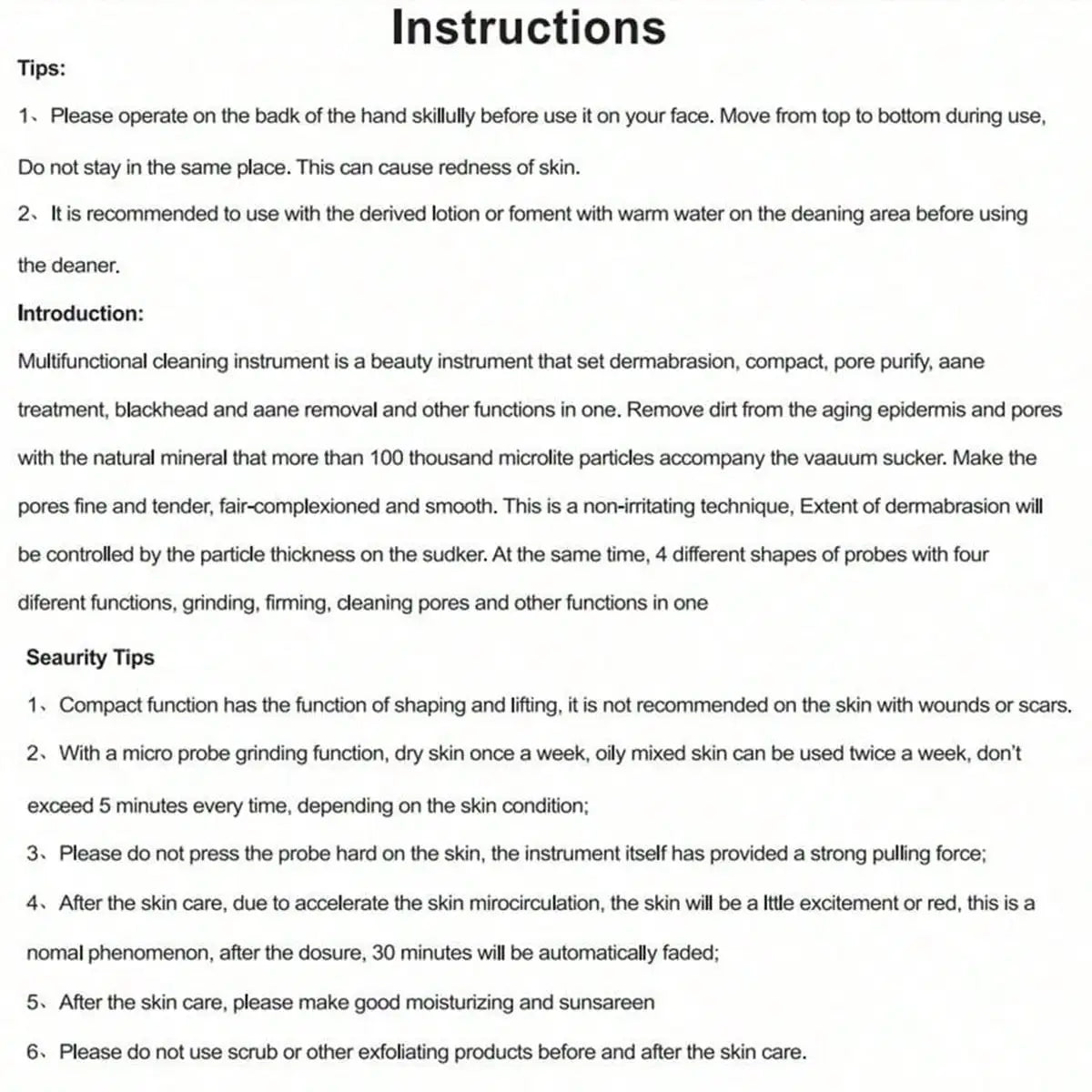 Instruction sheet for Zorelie.co electric blackhead remover for women with cleaning tips and safety guidelines